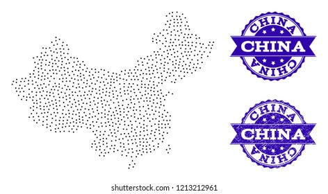 Dotted black map of China and blue rubber seal. Vector map of China designed with irregular small circle dots. Vector blue seal with corroded rubber texture. Flat design for patriotic illustrations.