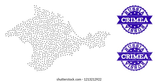 Dotted black map of Crimea and blue rubber seal stamp. Vector map of Crimea constructed with irregular small spheric points. Vector blue seal with unclean rubber texture.