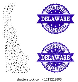 Dotted black map of Delaware State and blue grunge seal. Vector map of Delaware State designed with irregular small spheric points. Vector blue seal with grunge rubber texture.
