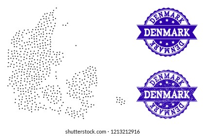 Dotted black map of Denmark and blue unclean seal. Vector map of Denmark constructed with irregular small round points. Vector blue seal with scratched rubber texture.