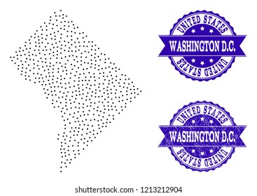 Dotted black map of District Columbia and blue corroded stamp. Vector map of District Columbia constructed with irregular small round points. Vector blue seal with corroded rubber texture.