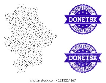 Dotted black map of Donetsk Republic and blue rubber seal stamp. Vector map of Donetsk Republic designed with irregular small round points. Vector blue seal with grunge rubber texture.