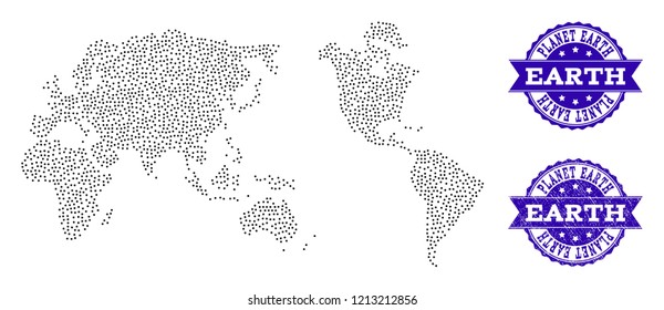 Dotted black map of Earth and blue grunge seal stamp. Vector map of Earth designed with irregular small circle dots. Vector blue seal with unclean rubber texture.
