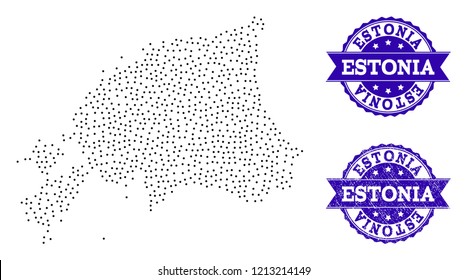 Dotted black map of Estonia and blue corroded seal stamp. Vector map of Estonia designed with irregular small round dots. Vector blue watermark with corroded rubber texture.