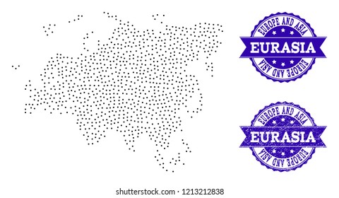 Dotted black map of Europe and Asia and blue rubber stamp. Vector map of Europe and Asia constructed with irregular small circle points. Vector blue seal with grunge rubber texture.