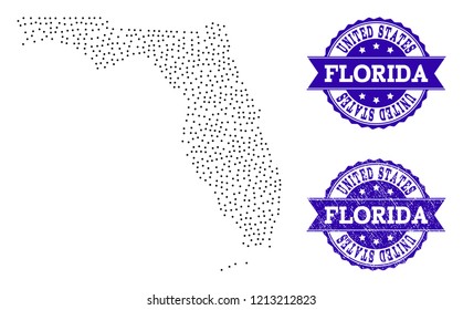 Dotted black map of Florida State and blue dirty seal stamp. Vector map of Florida State constructed with irregular small spheric points. Vector blue seal with grunge rubber texture.
