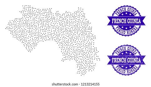 Dotted black map of French Guinea and blue unclean stamp. Vector map of French Guinea designed with irregular small circle dots. Vector blue watermark with unclean rubber texture.