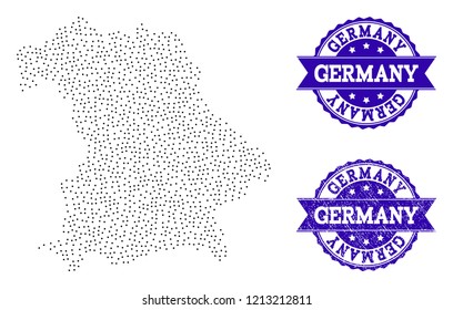 Dotted black map of Germany and blue rubber seal stamp. Vector map of Germany designed with irregular small circle points. Vector blue seal with distress rubber texture.
