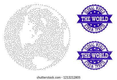 Dotted black map of global world and blue rubber seal stamp. Vector map of global world designed with irregular small spheric points. Vector blue seal with grunge rubber texture.