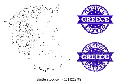 Dotted black map of Greece and blue unclean seal stamp. Vector map of Greece designed with irregular small spheric dots. Vector blue seal with corroded rubber texture.