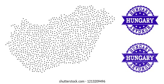 Dotted black map of Hungary and blue rubber seal stamp. Vector map of Hungary designed with irregular small circle dots. Vector blue seal with scratched rubber texture.