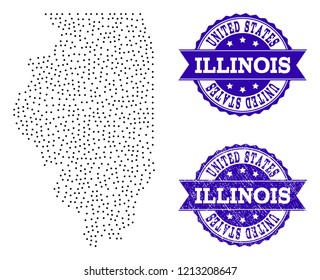 Dotted black map of Illinois State and blue unclean seal. Vector map of Illinois State constructed with irregular small round points. Vector blue seal with unclean rubber texture.