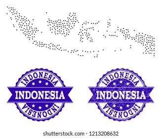 Dotted black map of Indonesia and blue rubber seal. Vector map of Indonesia designed with irregular small round points. Vector blue seal with unclean rubber texture.