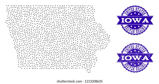 Dotted black map of Iowa State and blue scratched seal. Vector map of Iowa State constructed with irregular small round dots. Vector blue seal with scratched rubber texture.