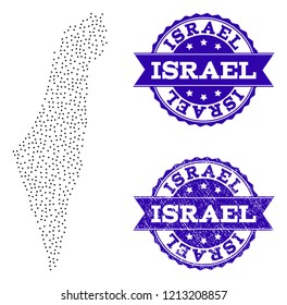 Dotted black map of Israel and blue rubber seal. Vector map of Israel constructed with irregular small circle points. Vector blue seal with grunge rubber texture.