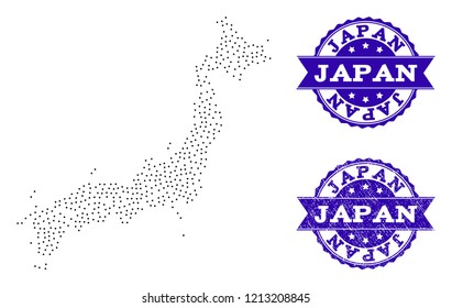 Dotted black map of Japan and blue unclean seal. Vector map of Japan designed with irregular small round dots. Vector blue seal with unclean rubber texture. Flat design for political illustrations.