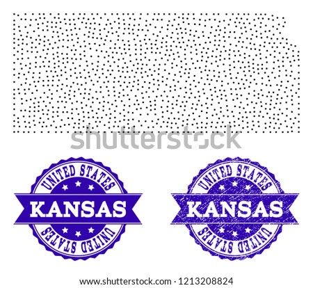 Dotted black map of Kansas State and blue corroded stamp. Vector map of Kansas State constructed with irregular small circle points. Vector blue seal with corroded rubber texture.