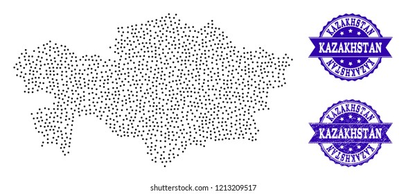 Dotted black map of Kazakhstan and blue rubber seal. Vector map of Kazakhstan designed with irregular small round points. Vector blue seal with corroded rubber texture.