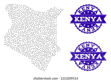 Dotted black map of Kenya and blue corroded stamp. Vector map of Kenya designed with irregular small circle points. Vector blue seal with corroded rubber texture.