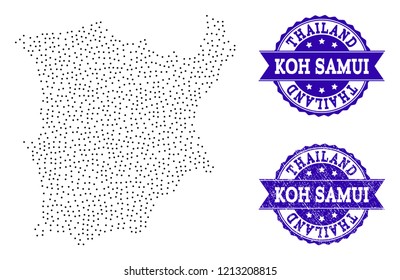 Dotted black map of Koh Samui and blue unclean seal. Vector map of Koh Samui constructed with irregular small spheric dots. Vector blue seal with unclean rubber texture.