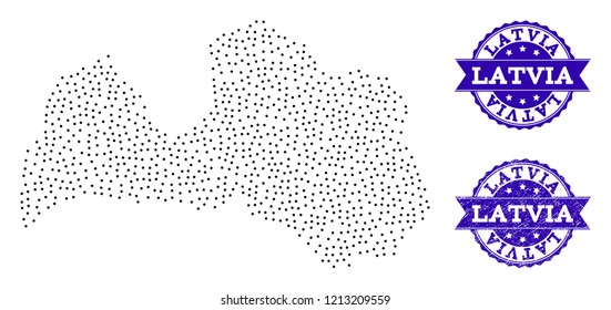 Dotted black map of Latvia and blue grunge seal stamp. Vector map of Latvia constructed with irregular small spheric points. Vector blue seal with grunge rubber texture.