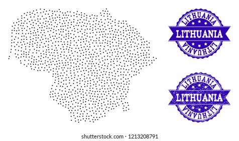 Dotted black map of Lithuania and blue corroded seal stamp. Vector map of Lithuania constructed with irregular small circle dots. Vector blue seal with corroded rubber texture.