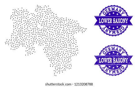 Dotted black map of Lower Saxony State and blue rubber seal. Vector map of Lower Saxony State constructed with irregular small spheric points. Vector blue seal with corroded rubber texture.