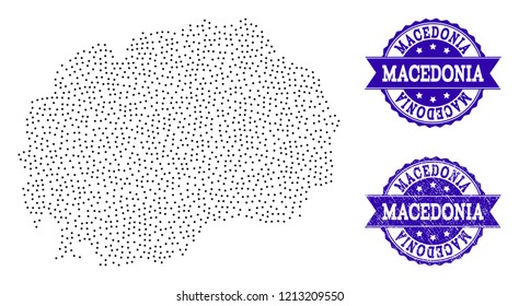 Dotted black map of Macedonia and blue unclean seal stamp. Vector map of Macedonia constructed with irregular small spheric points. Vector blue seal with scratched rubber texture.