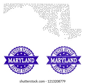 Dotted black map of Maryland State and blue grunge stamp. Vector map of Maryland State designed with irregular small circle dots. Vector blue seal with grunge rubber texture.