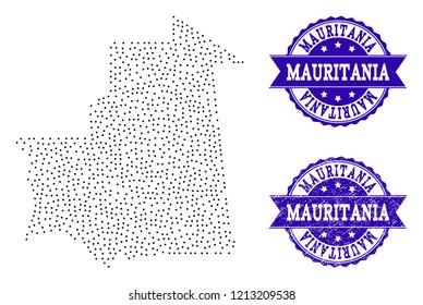 Dotted black map of Mauritania and blue corroded seal. Vector map of Mauritania designed with irregular small spheric points. Vector blue imprint with corroded rubber texture.