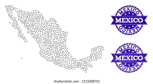Dotted black map of Mexico and blue scratched seal. Vector map of Mexico designed with irregular small spheric points. Vector blue seal with scratched rubber texture.
