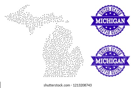 Dotted black map of Michigan State and blue rubber seal stamp. Vector map of Michigan State designed with irregular small spheric dots. Vector blue seal with distress rubber texture.