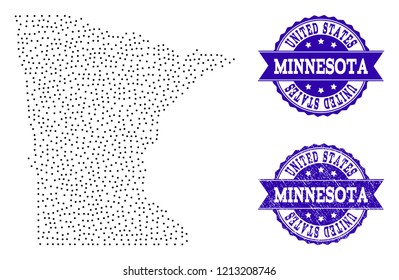 Dotted black map of Minnesota State and blue corroded seal. Vector map of Minnesota State designed with irregular small round dots. Vector blue seal with distress rubber texture.