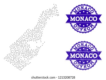 Dotted black map of Monaco and blue corroded seal. Vector map of Monaco designed with irregular small round dots. Vector blue seal with corroded rubber texture. Flat design for political purposes.