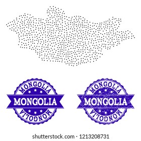 Dotted black map of Mongolia and blue unclean seal stamp. Vector map of Mongolia constructed with irregular small circle points. Vector blue seal with corroded rubber texture.