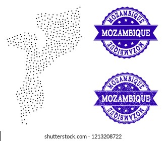 Dotted black map of Mozambique and blue unclean seal. Vector map of Mozambique designed with irregular small circle dots. Vector blue imprint with unclean rubber texture.