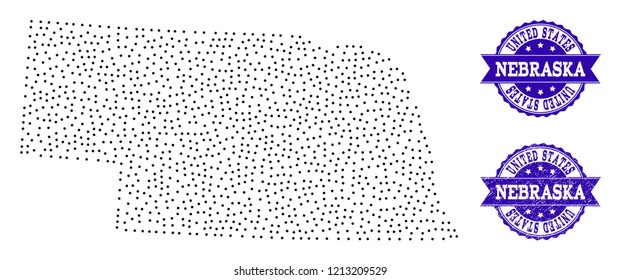 Dotted black map of Nebraska State and blue scratched seal stamp. Vector map of Nebraska State designed with irregular small spheric points. Vector blue seal with scratched rubber texture.