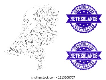 Dotted black map of Netherlands and blue unclean seal. Vector map of Netherlands designed with irregular small spheric points. Vector blue seal with distress rubber texture.