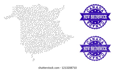 Dotted black map of New Brunswick Province and blue rubber seal stamp. Vector map of New Brunswick Province constructed with irregular small circle points.