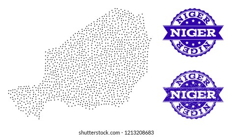 Dotted black map of Niger and blue rubber seal stamp. Vector map of Niger constructed with irregular small spheric dots. Vector blue seal with distress rubber texture.