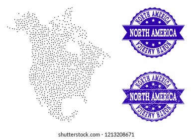 Dotted black map of North America and blue rubber seal. Vector map of North America constructed with irregular small round points. Vector blue seal with corroded rubber texture.