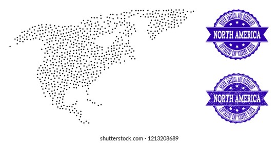 Dotted black map of North America and Greenland and blue textured seal stamp. Vector map of North America and Greenland designed with irregular small round points.
