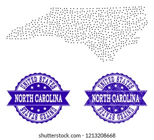 Dotted black map of North Carolina State and blue corroded seal stamp. Vector map of North Carolina State designed with irregular small spheric points. Vector blue seal with corroded rubber texture.