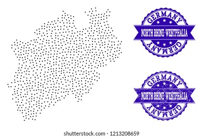 Dotted black map of North Rhine-Westphalia State and blue grunge seal stamp. Vector map of North Rhine-Westphalia State designed with irregular small circle points.