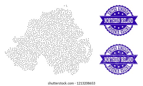 Dotted black map of Northern Ireland and blue rubber seal stamp. Vector map of Northern Ireland designed with irregular small spheric dots. Vector blue seal with unclean rubber texture.