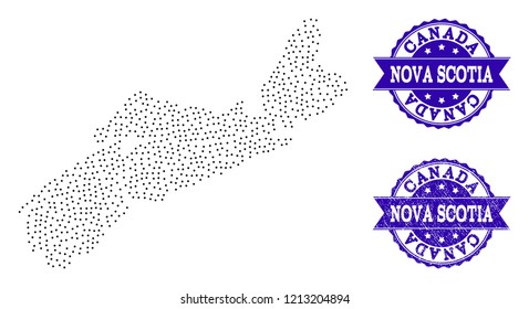 Dotted black map of Nova Scotia Province and blue rubber seal. Vector map of Nova Scotia Province constructed with irregular small spheric points. Vector blue seal with scratched rubber texture.