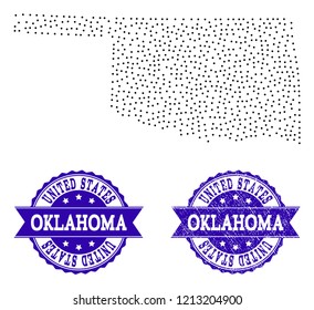 Dotted black map of Oklahoma State and blue grunge seal. Vector map of Oklahoma State constructed with irregular small circle dots. Vector blue seal with grunge rubber texture.