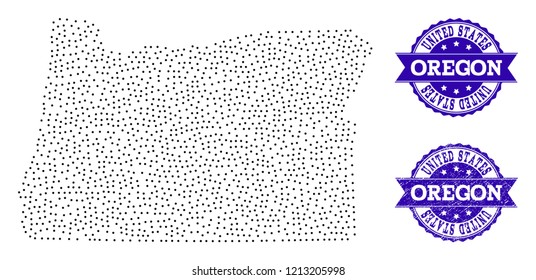 Dotted black map of Oregon State and blue scratched seal. Vector map of Oregon State constructed with irregular small round points. Vector blue seal with unclean rubber texture.