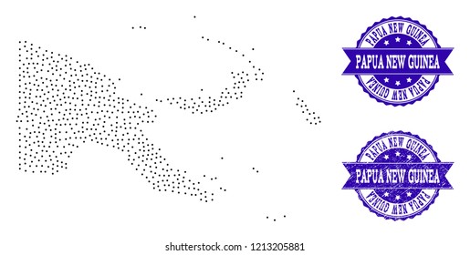 Dotted black map of Papua New Guinea and blue scratched seal. Vector map of Papua New Guinea constructed with irregular small spheric dots. Vector blue seal with scratched rubber texture.
