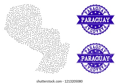 Dotted black map of Paraguay and blue rubber seal stamp. Vector map of Paraguay constructed with irregular small spheric dots. Vector blue seal with corroded rubber texture.